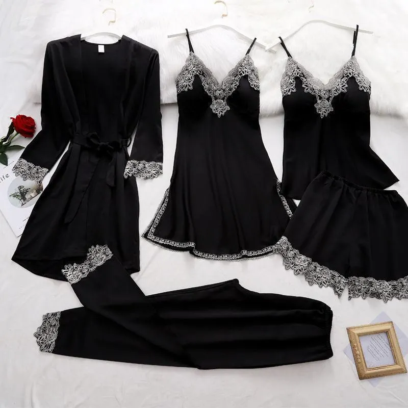 Churchf Simulation Silk Pajamas Lingerie Five-Piece Set Slings Sexy Lady Bathrobe Home Clothes Pajamas