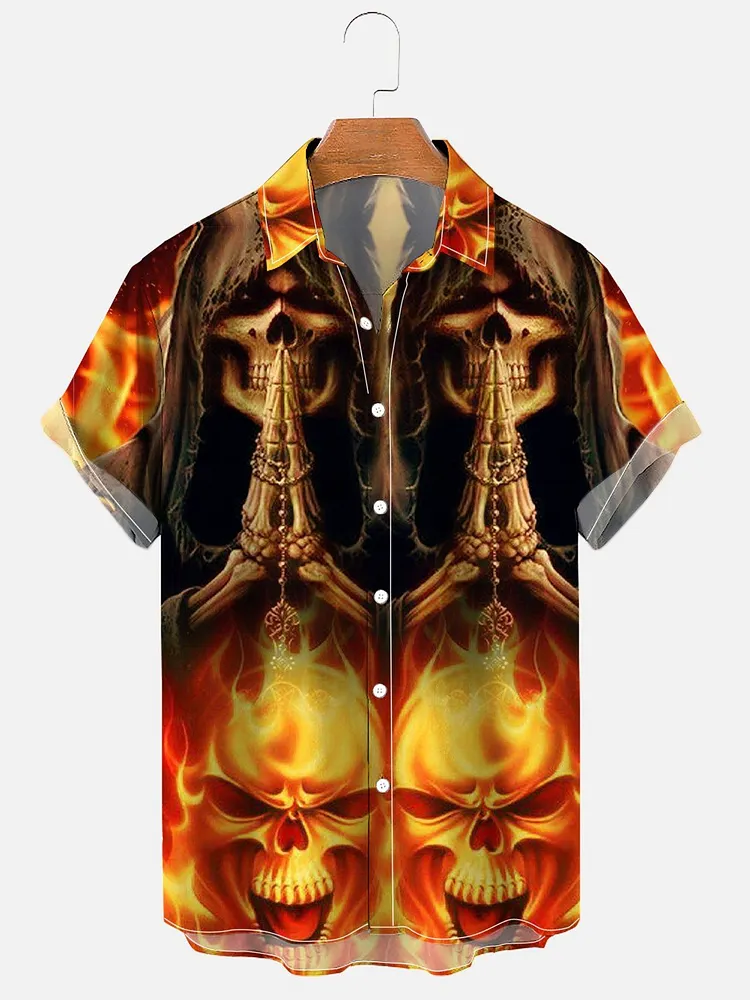 Men's Fire Pray Skull Grim Reaper Halloween Print Shirt