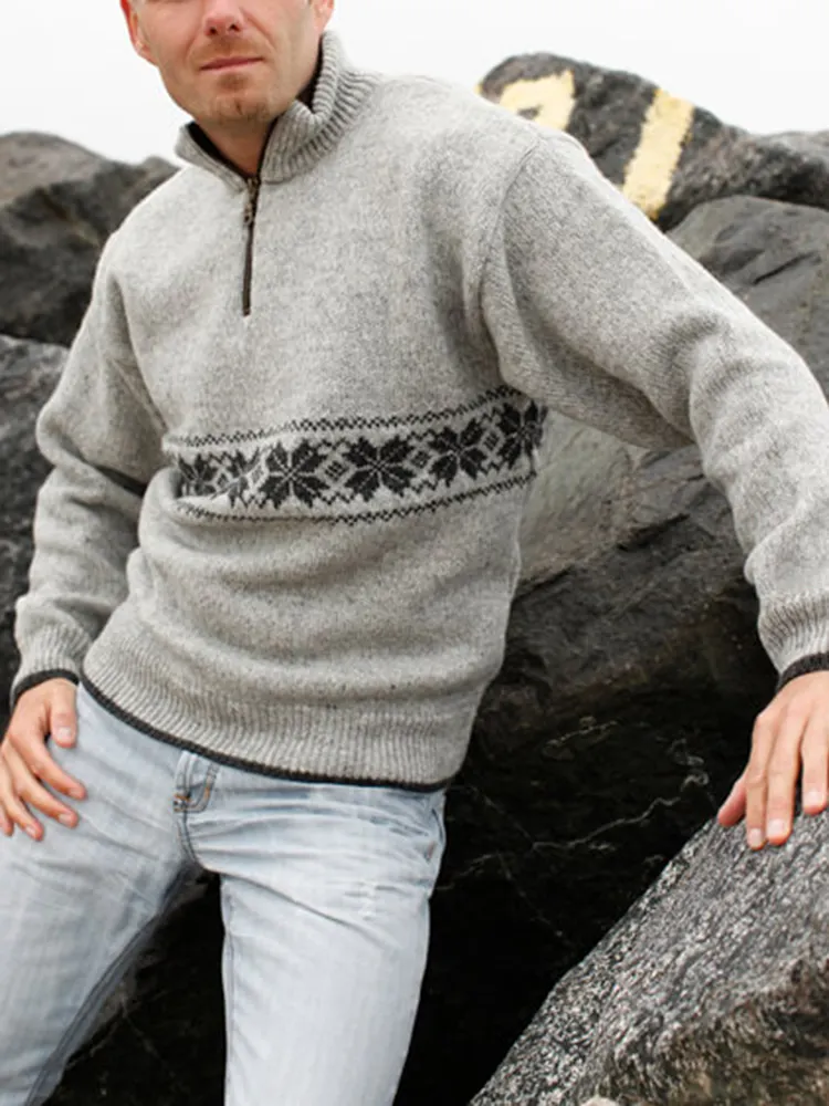 Vintage Warmth Knit Jacquard Icelandic Half Zip Collar Sweater（Unisex ）