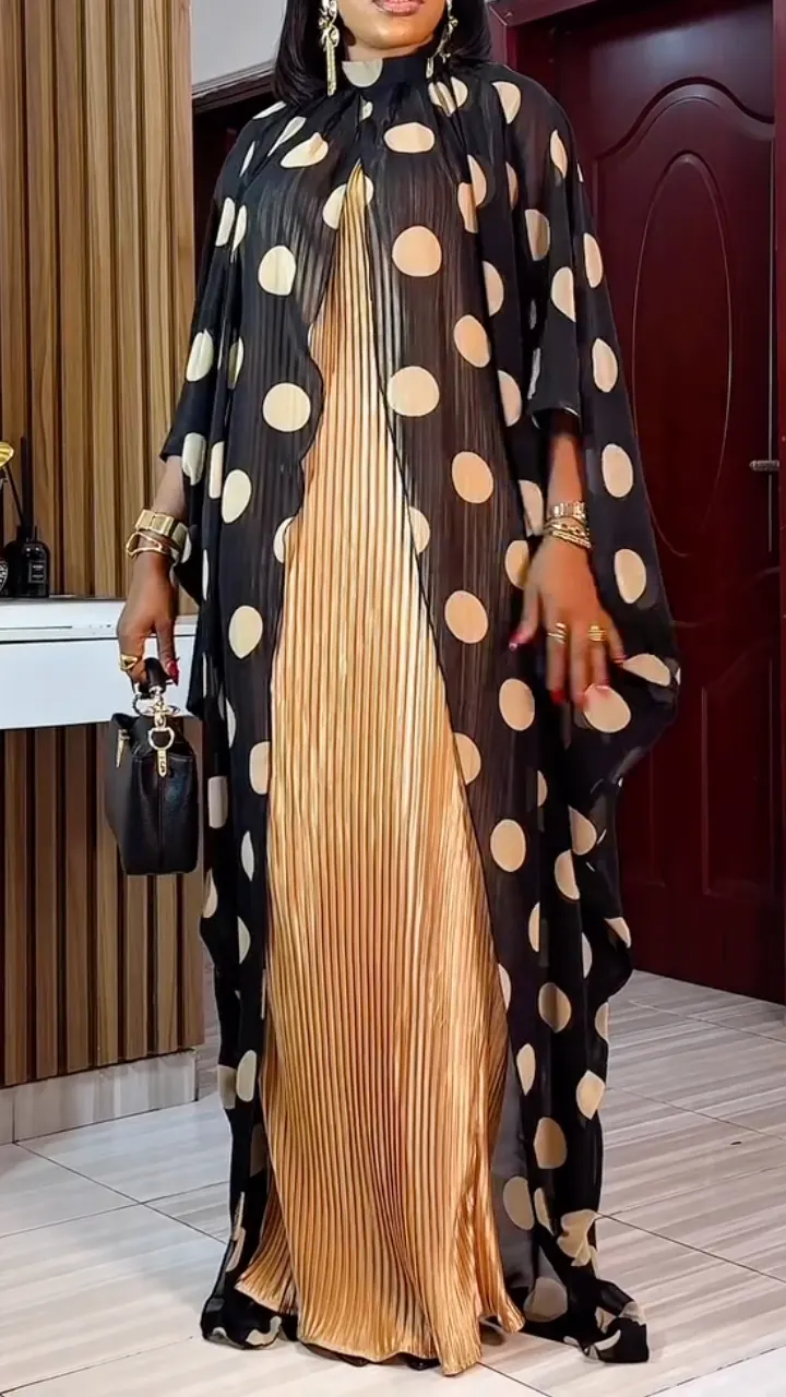  Black & Beige Polka Dot Chiffon Kaftan Open Cardigan