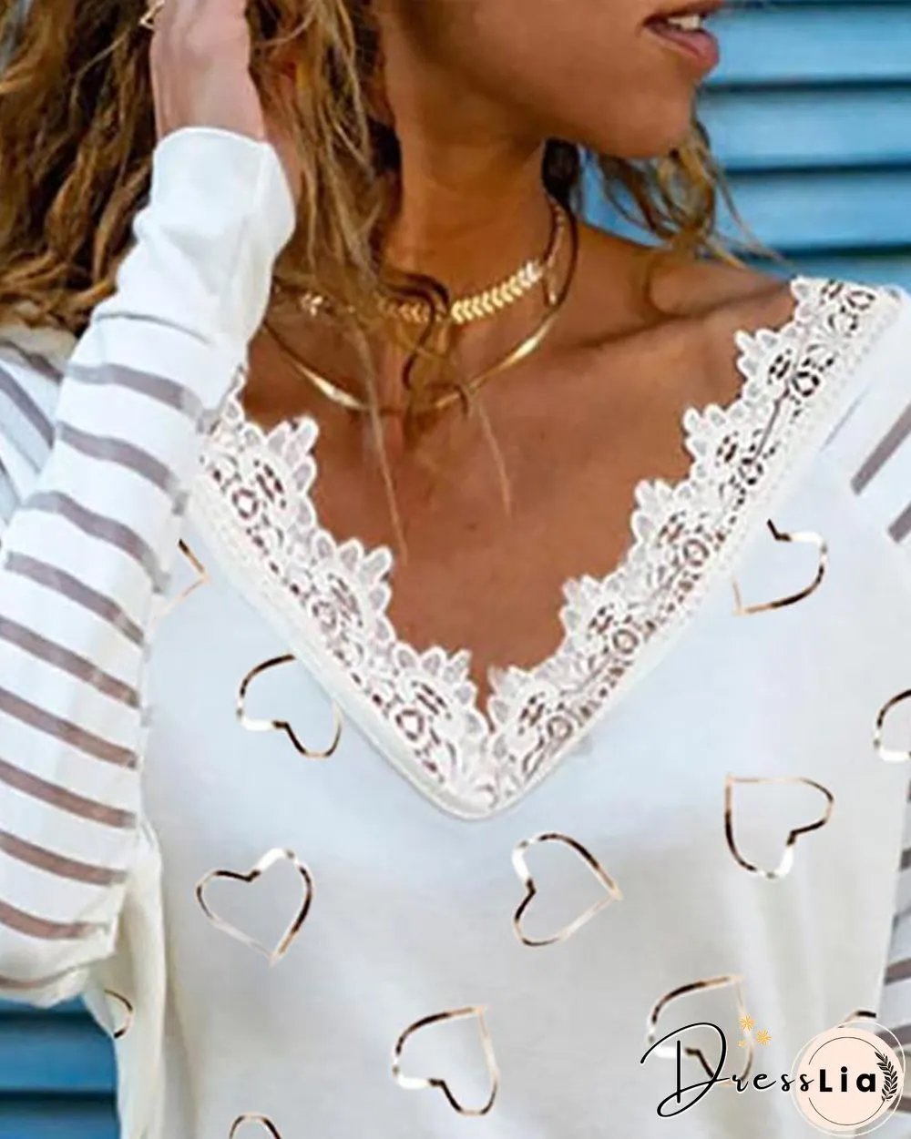 Lace Trim Heart Print Sheer Mesh Top P13013
