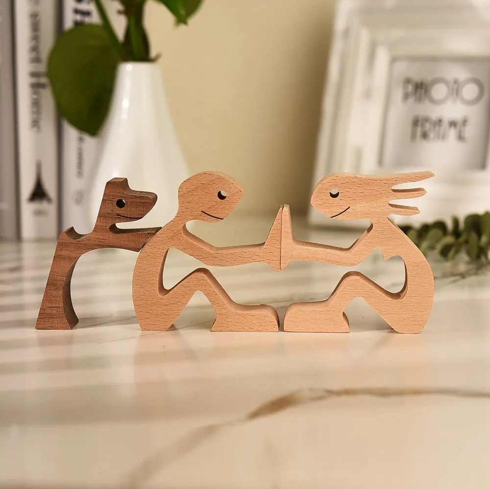 Family Puppy Wood Dog Craft Figurine Desktop Table Ornament Carving Model Creative Home Office Decoration Love Pet sculpture 515-1