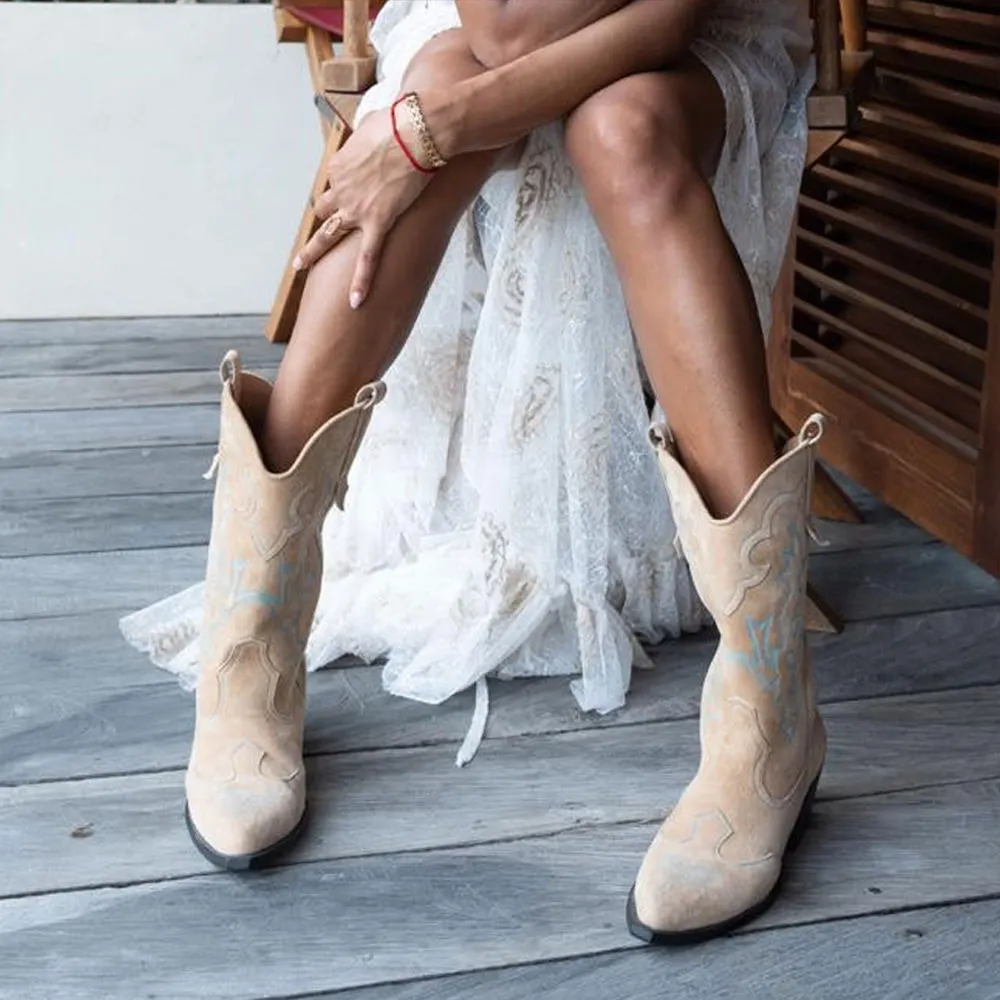 Nude Snip Toe Blue Stitching Chunky Heel Cowboy Boots for Women