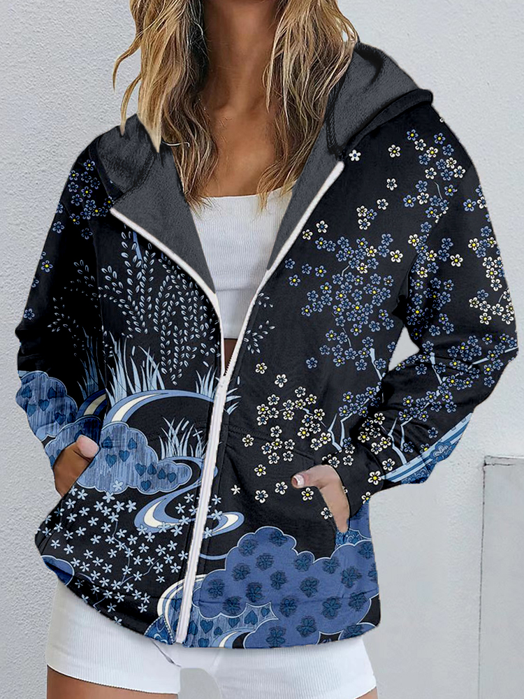 Japanese Traditional Pattern Print Zip Up Comfy Hoodie elevenforest