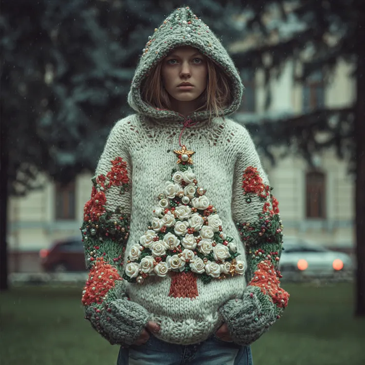 Women Vintage Christmas Stars Christmas Tree Vintage Color Warm Hooded Sweater