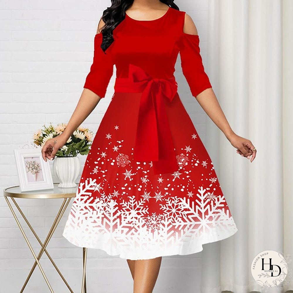 New Arrival Women Belted Snowflake Print Cold Shoulder Round Neck Elegant Dress Plus Size Fashion Christmas Party Dress S-5Xl