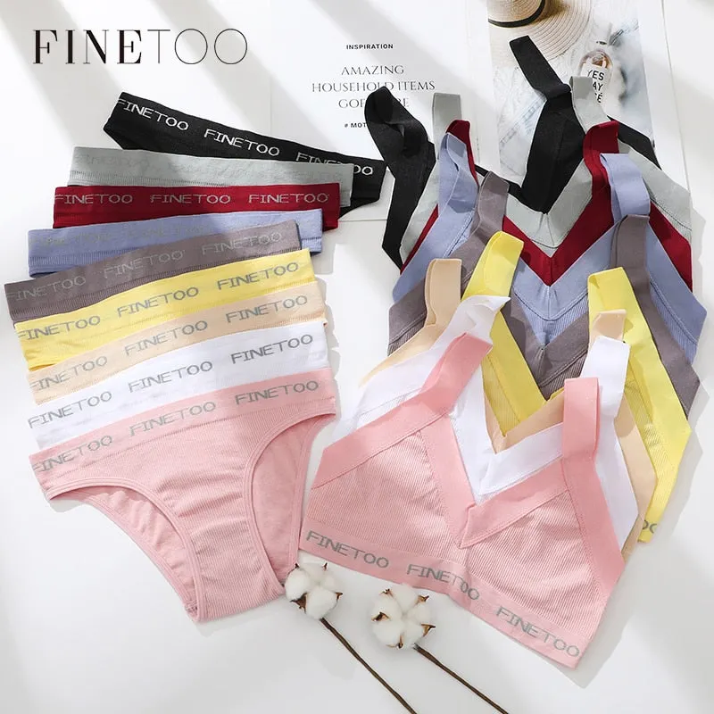 FINETOO Deep V Bra Set M-XL Women Seamless Underwear Girls Soft Tops and Letter Briefs Ladies Bras Set Comfortable Lingerie Set