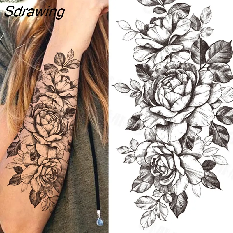 Sdrawing Realistic Rose Flower Skeleton Temporary Tattoos For Women Adult Peony Geometric Fake Tattoo Body Art Half Sleeve Tatoo Paper