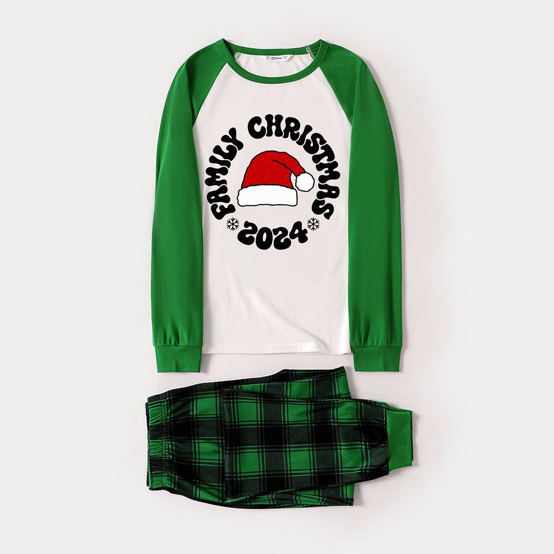 Family Christmas 2024 Text and Santa Hat Print Long Sleeve Top With Green & Black Plaid Christmas Matching Pajamas