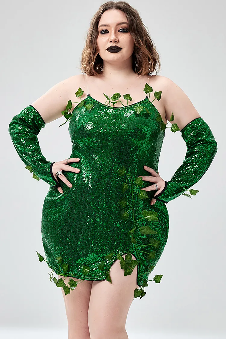 Xpluswear Design Plus Size Halloween Costumes Green Cosplay Sequin Strapless Mini Dress（Ships 24h） 2024 - Xpluswear