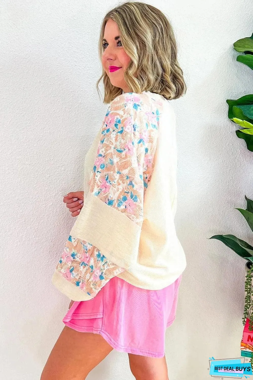 Apricot Plus Size Floral Patchwork Ribbed Puff Sleeve Top