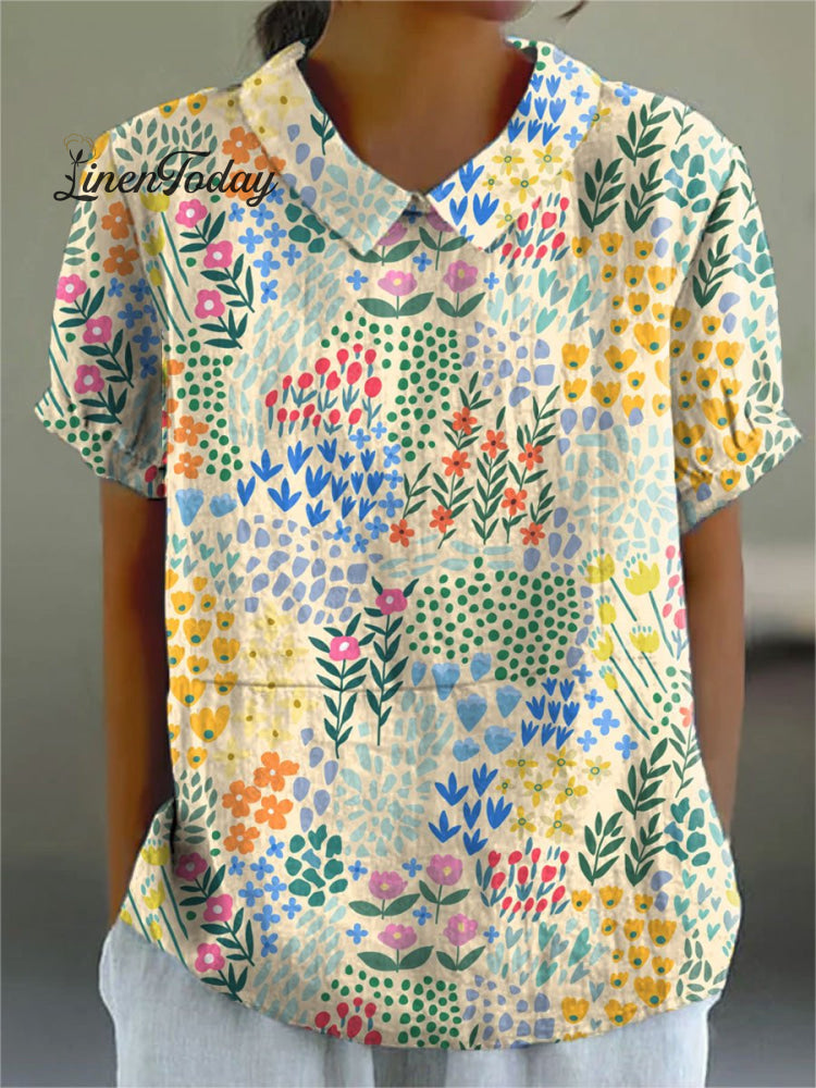 Women&rsquo;s Flower Art Print Casual Cotton And Linen Shirt Multicolor / S