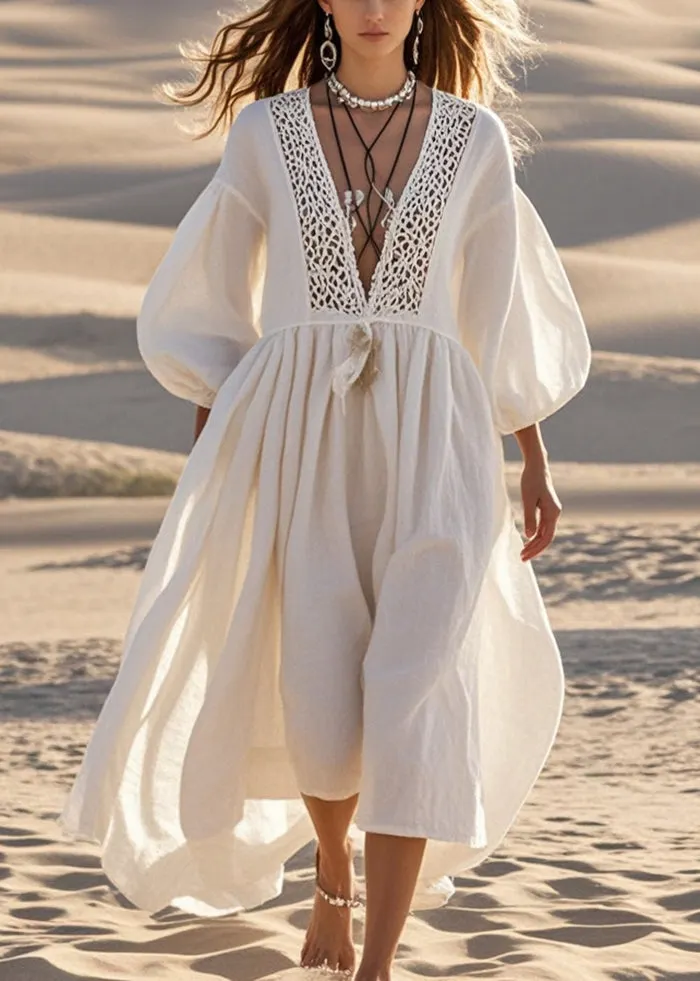 Bohemian White V Neck Patchwork Cotton Long Dresses Lantern Sleeve Summer