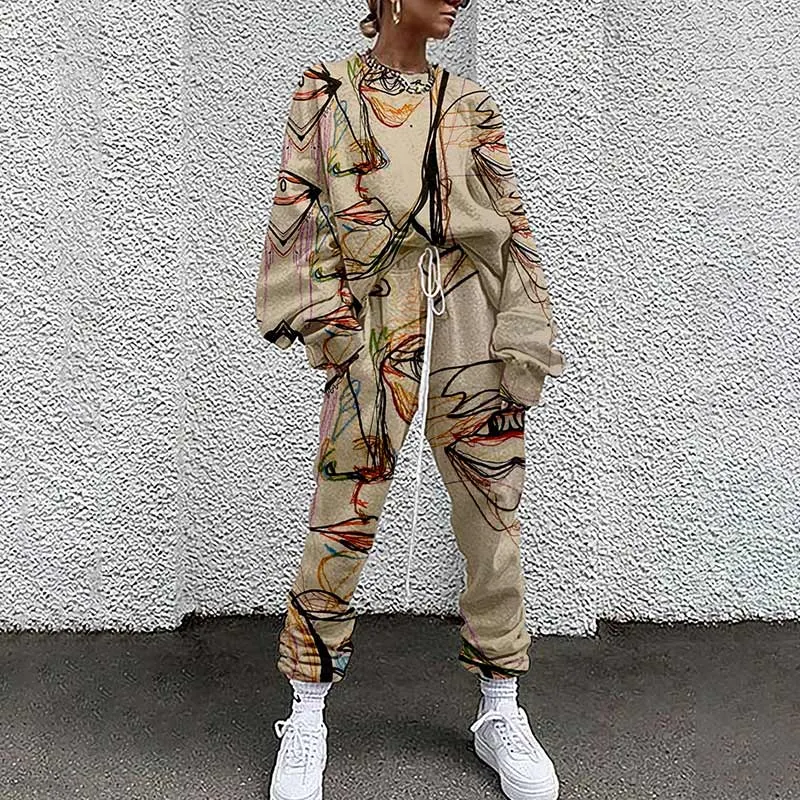 Women Tracksuit Two Piece Pullovers Cloting Long Sleeve Tie-dye Print Female Tops And Elastic Waist Pants Slim Casual Streetwear