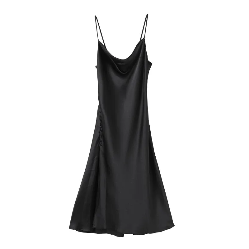 Ordifree 2022 Summer Vintage Women Satin Slip Dress with Slit Black Spaghetti Strap Silk Sexy Long Party Dress