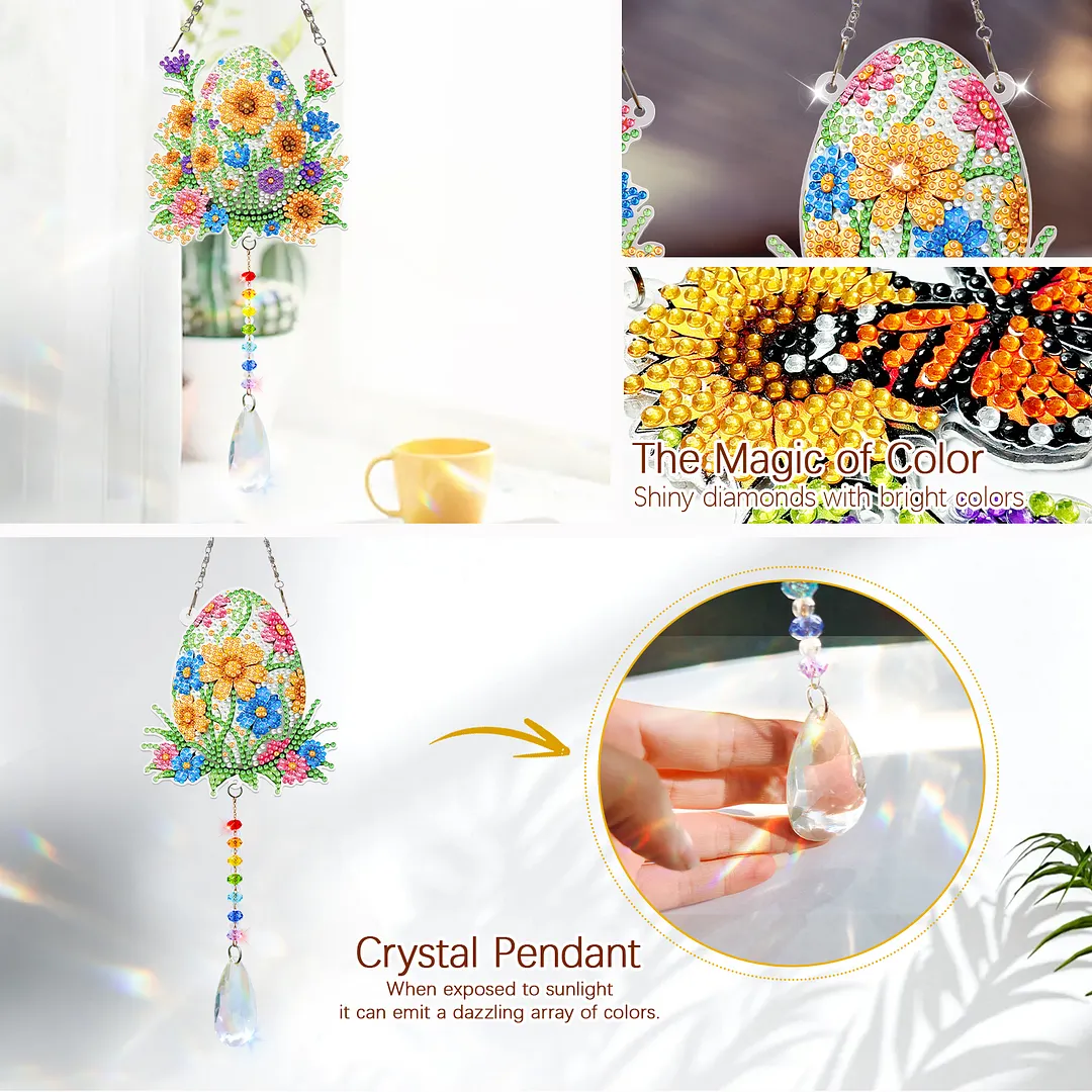 2Pcs Flower Easter Egg DIY Acrylic Diamond Painting Art Wind Chimes with Crystal Pendant Diamond Art Hanging Pendant Double-Sided for Adults Beginners Gift Home Garden Decor