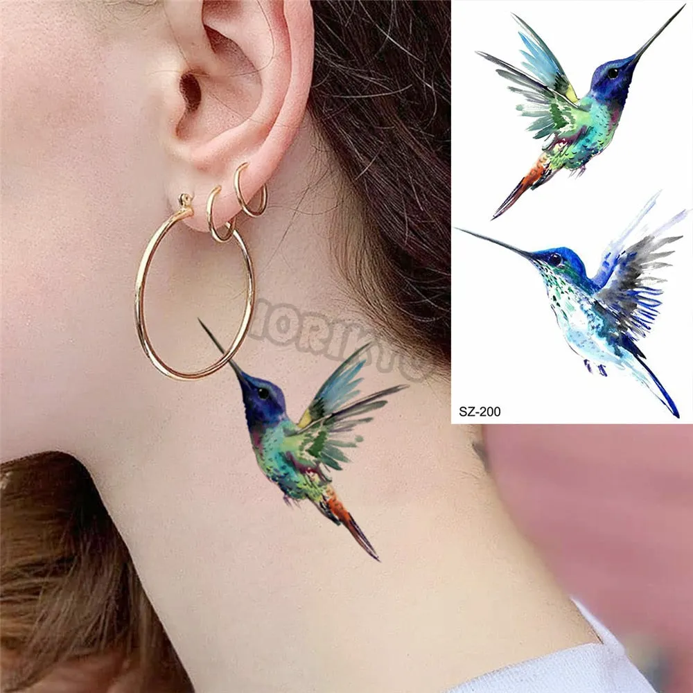 Colorful Dinosaur Temporary Tattoos For Kids Girls Rose Flower Lavender Hummingbird Fake Tattoo Sticker Forearm Neck Tatoos Show