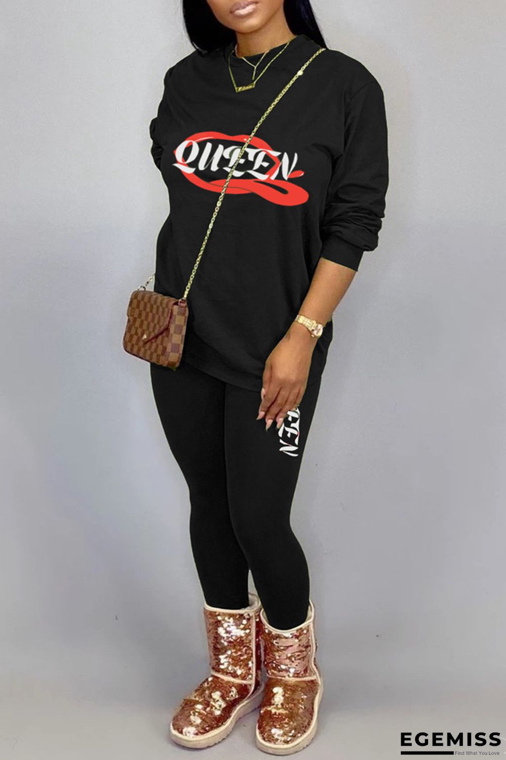 Black Casual Print Patchwork O Neck Long Sleeve Two Pieces | EGEMISS