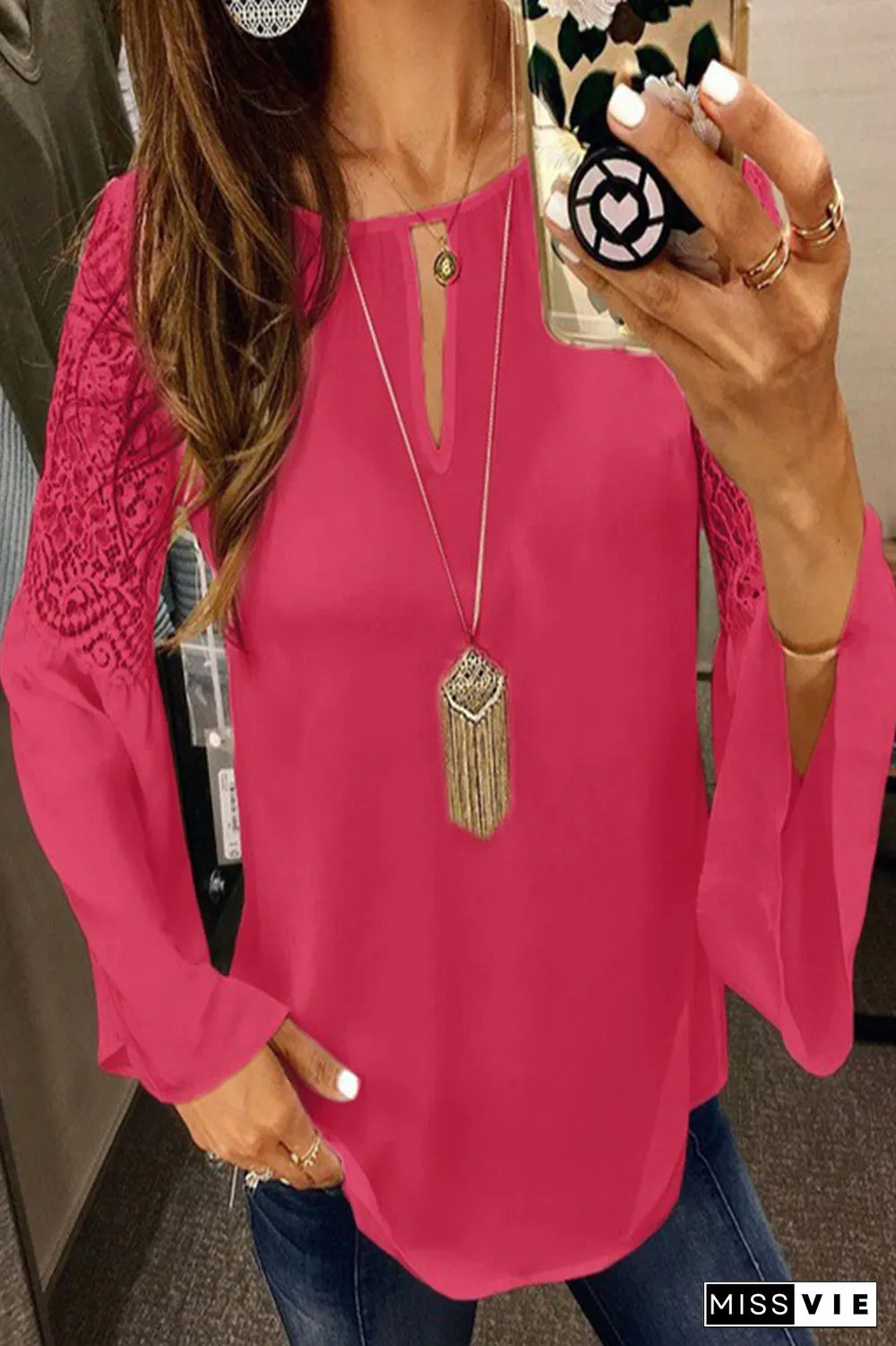 Elegant Solid Lace O Neck Tops(5 Colors)