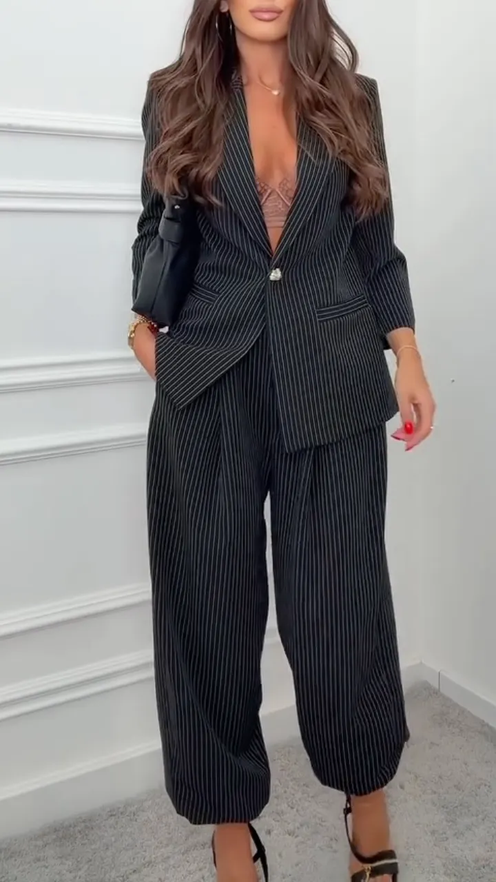 Black Pinstripe Blazer and Pants Set