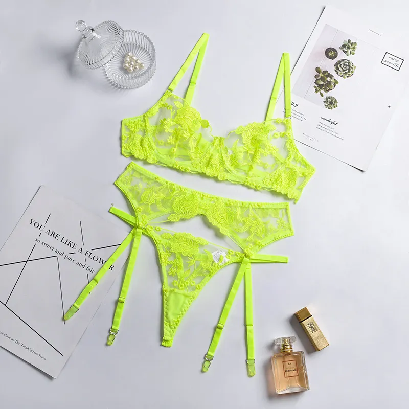 Billionm Lace Lingerie Set 3 Pieces Push Up Bra with Bone Panties Sensual Women's Underwear Floral Embroidery Erotic Costumes Femme Sex