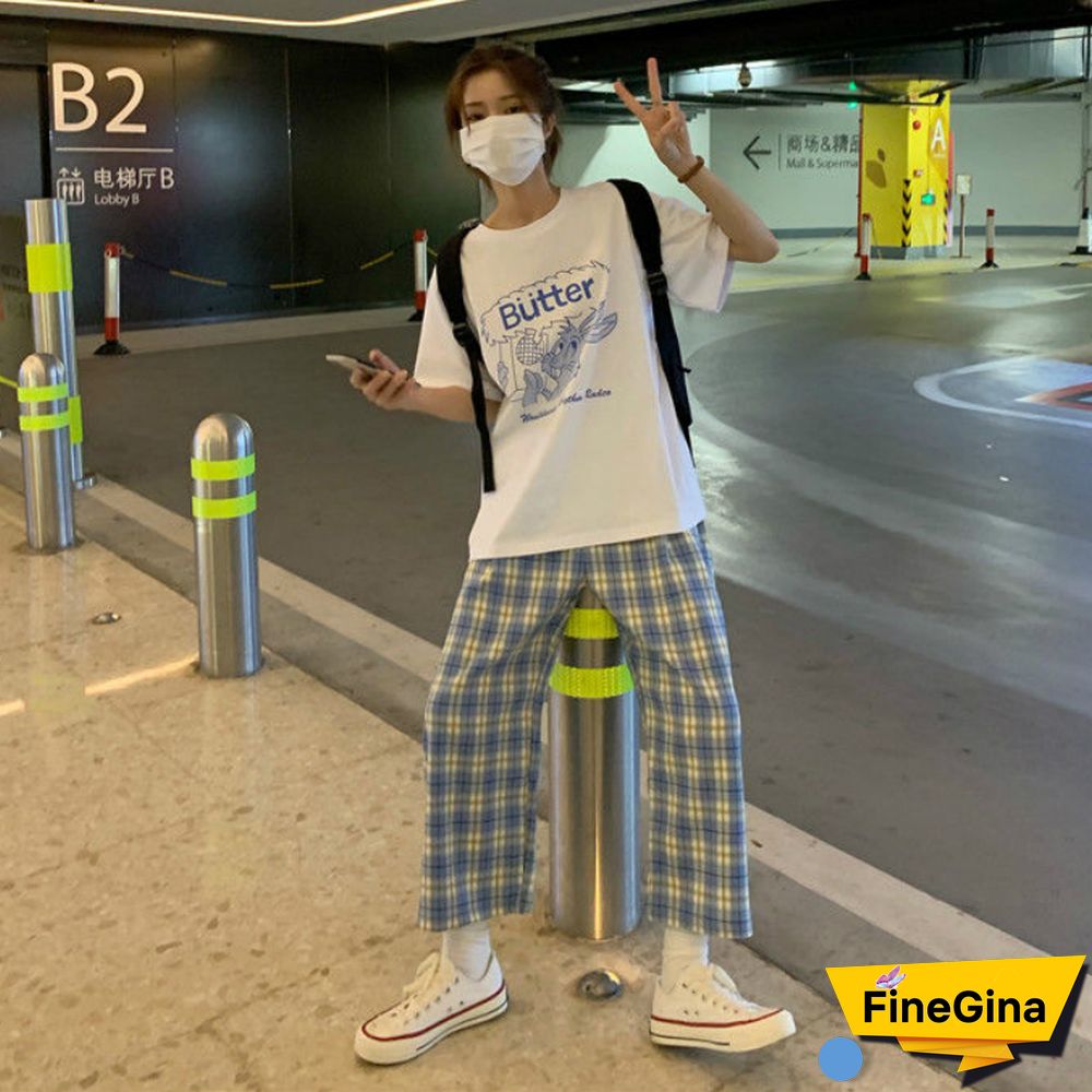 Women Sets Short Sleeve Printed Simple T-Shirts Plaid Straight Elastic Waist Pants Casual Loose Chic Korean Style Daily New 2Xl