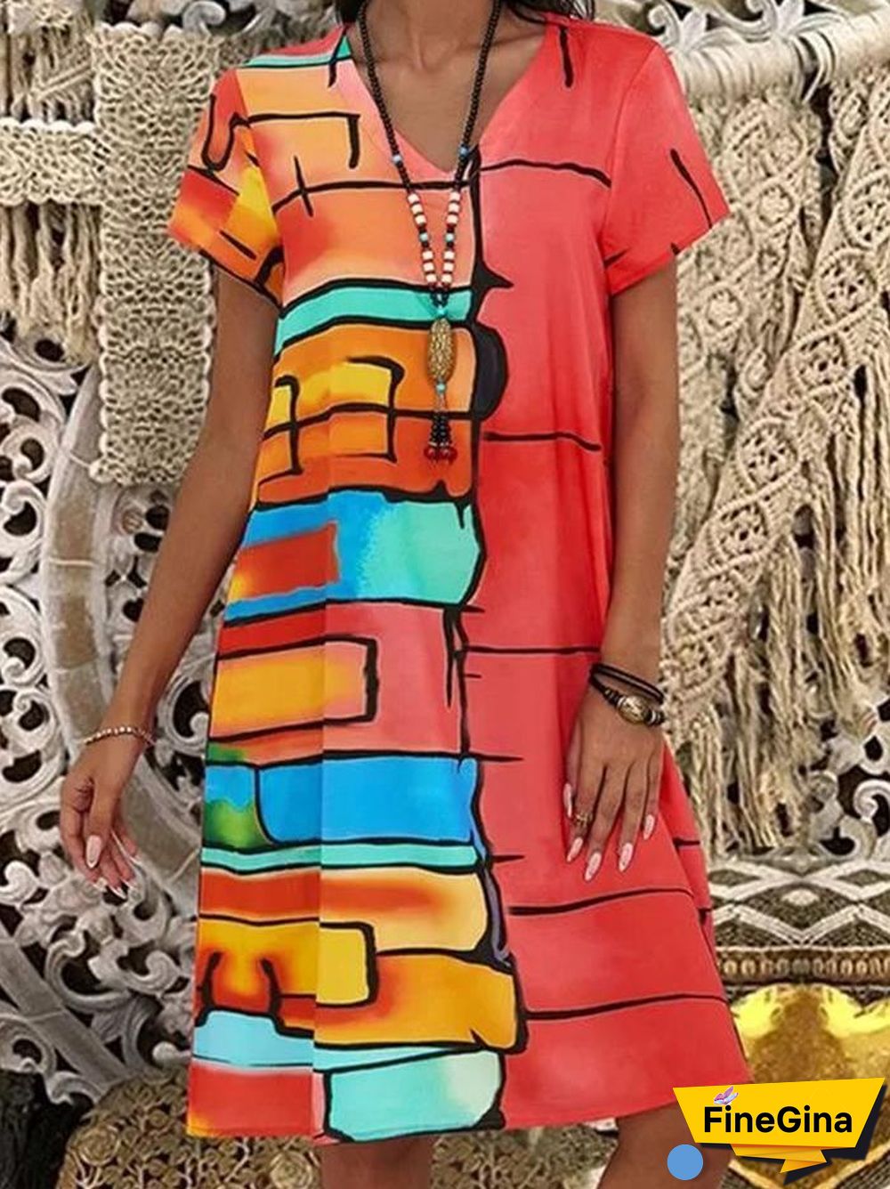 Women's Short Sleeve V-neck Printed Dress With Pockets