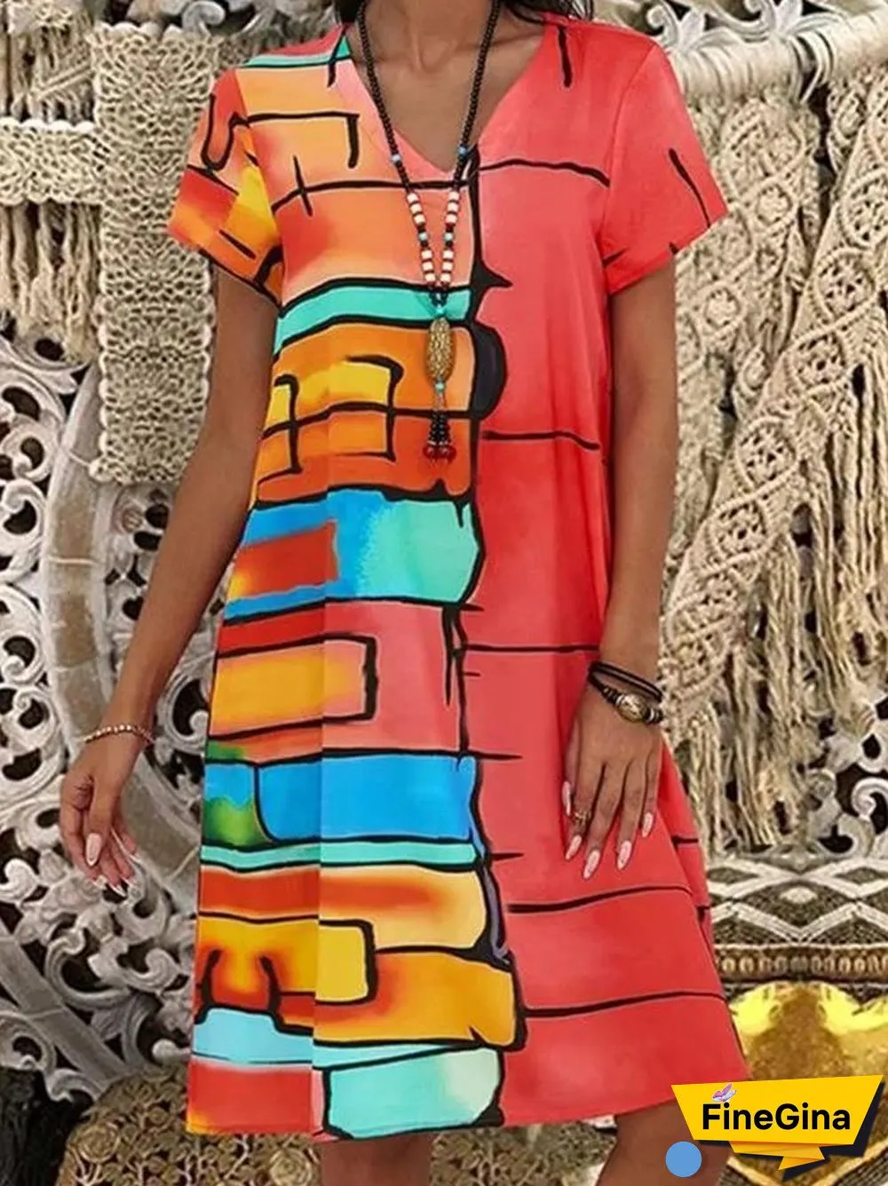 Women's Short Sleeve V-neck Printed Dress With Pockets
