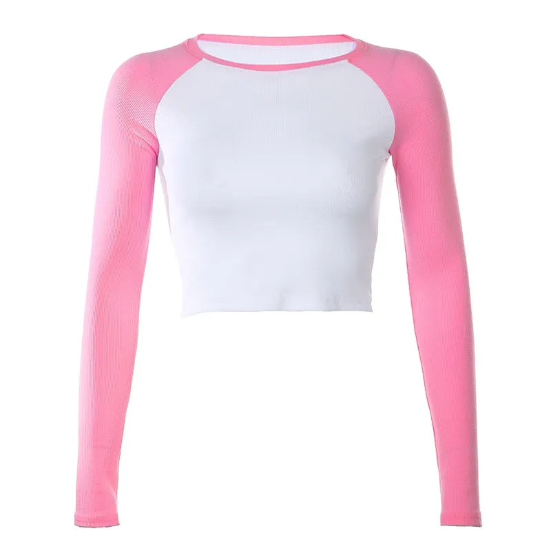 HEYounGIRL Casual Patchwork Long Sleeve Crop Top T Shirt Fashion Basic Cotton Tshirt Women Fashion Slim Korean Tee Shirt Femme