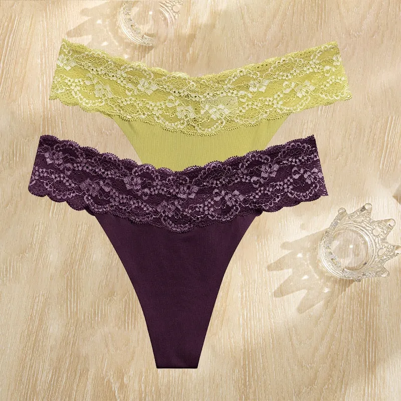 FINETOO 2PCS/Set Gstring Seamless Women Lace Pantys Girls Thongs S-L Fashion Sexy Underwear For Woman Lingerie Floral Panties