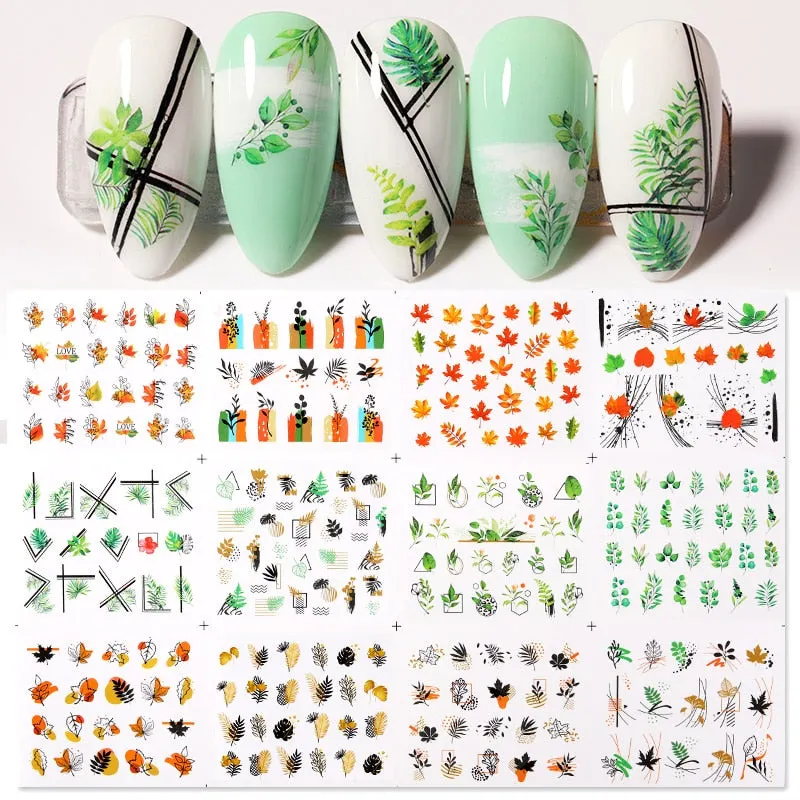 12Pcs Flower Leaf Geometric Lines Water Decals Spring Floral Butterfly Transfer Sliders Paper For Nails Decoration Manicures