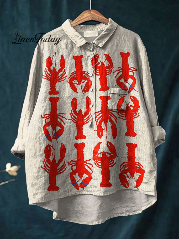 Women&rsquo;s Vintage Lobster Pattern Art Print Casual Cotton And Linen Shirt Multicolor / S