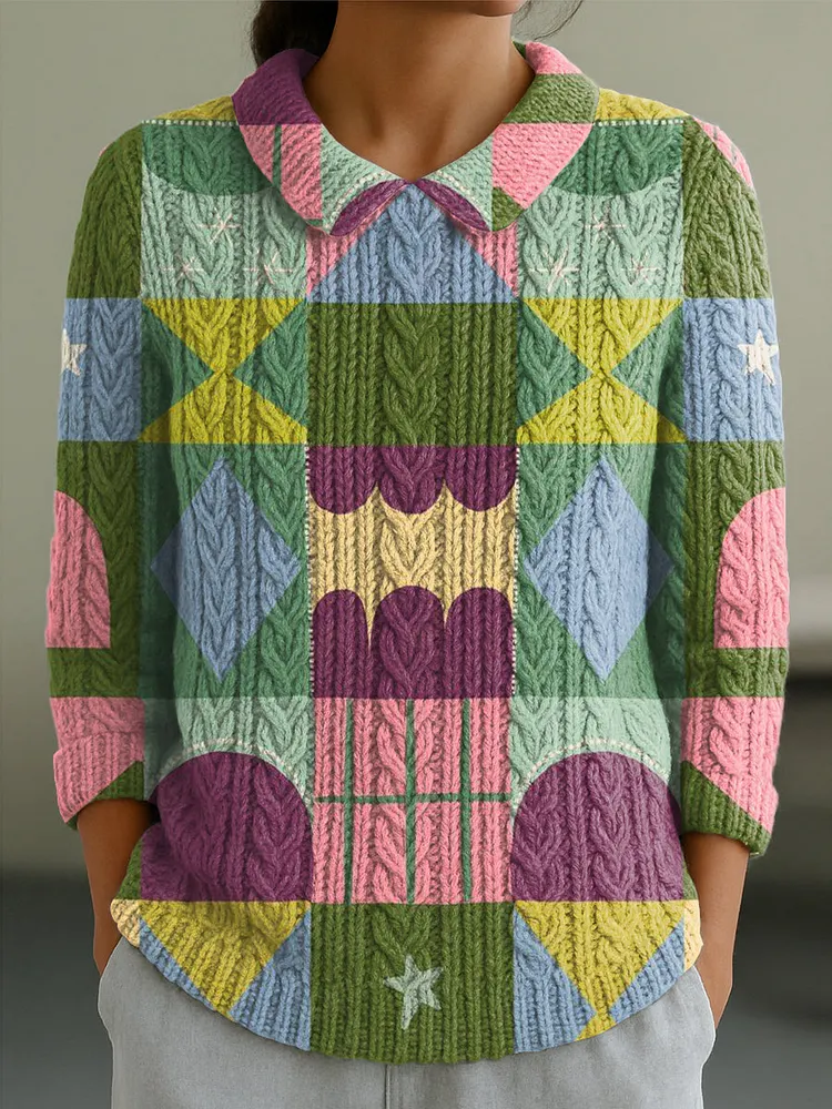 Women's Colorful Abstract Geometric Color Block Art Print Casual Peter Pan Collar 3/4 Sleeve Sweater