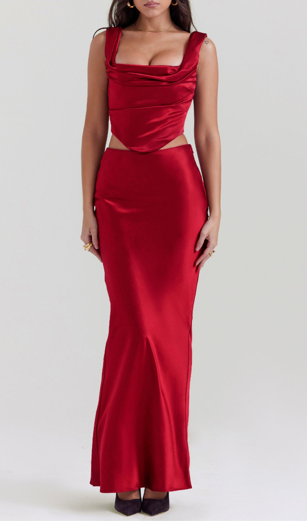 Satin Ruched Two Pieces Set In Red Flowering Girl