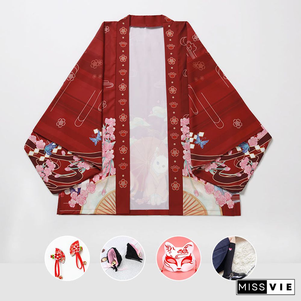 Cartoon Cat Print Loose Cardigan Kimono Outerwear