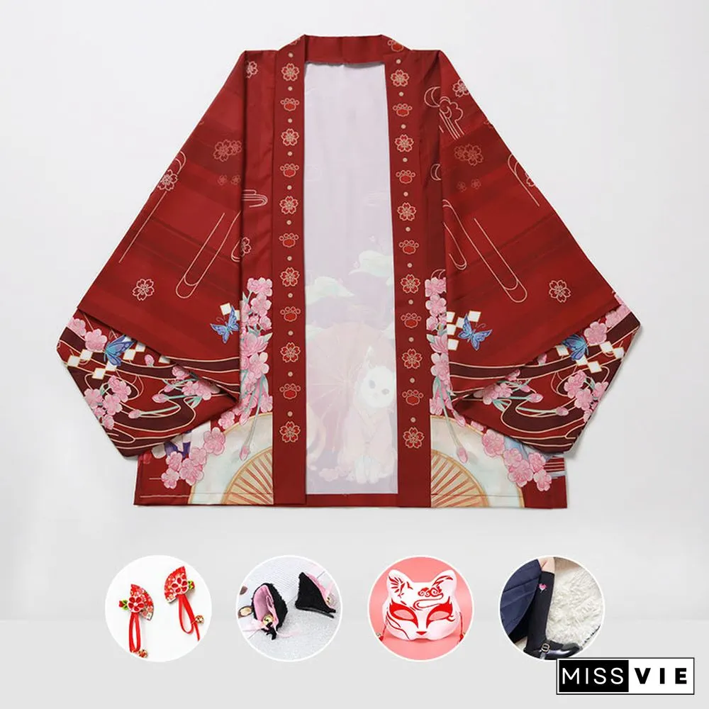 Cartoon Cat Print Loose Cardigan Kimono Outerwear