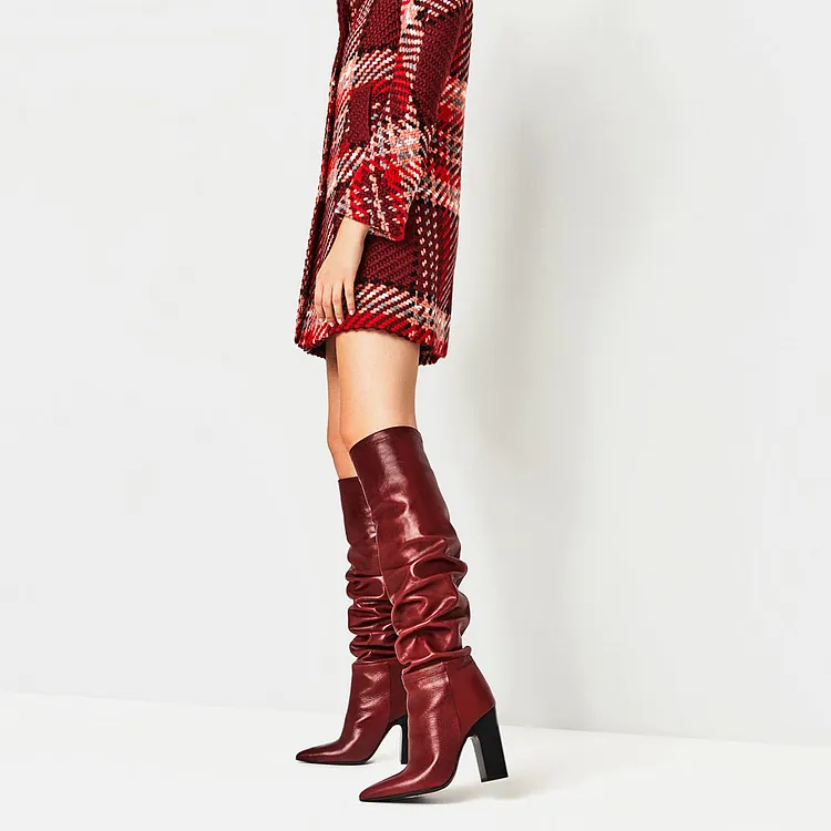 Red Slouch Boots Pointy Toe Chunky Heels Knee-high Boots Vdcoo