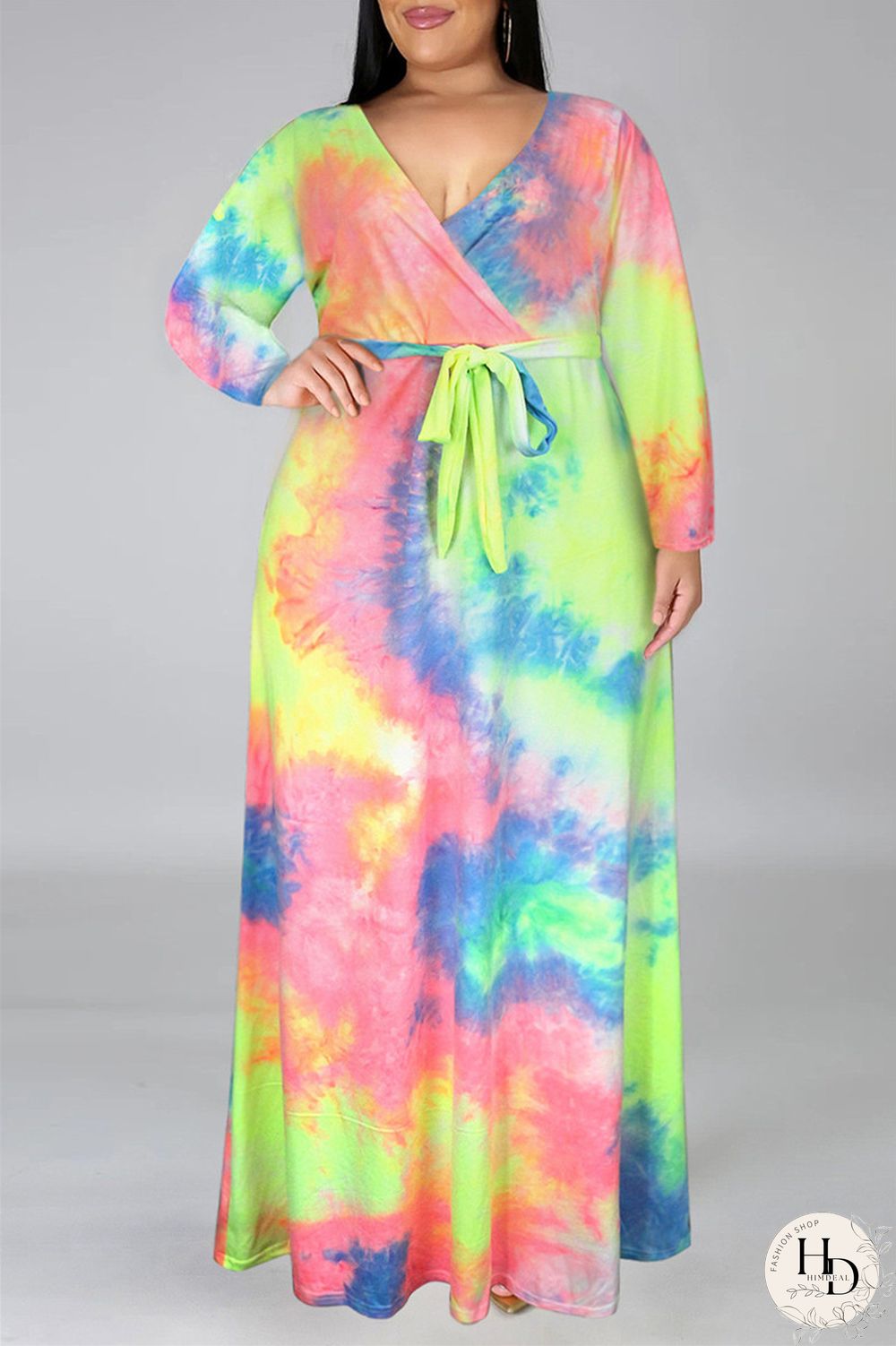 Colour Fashion Casual Print Tie-dye V Neck Long Sleeve Plus Size Dress