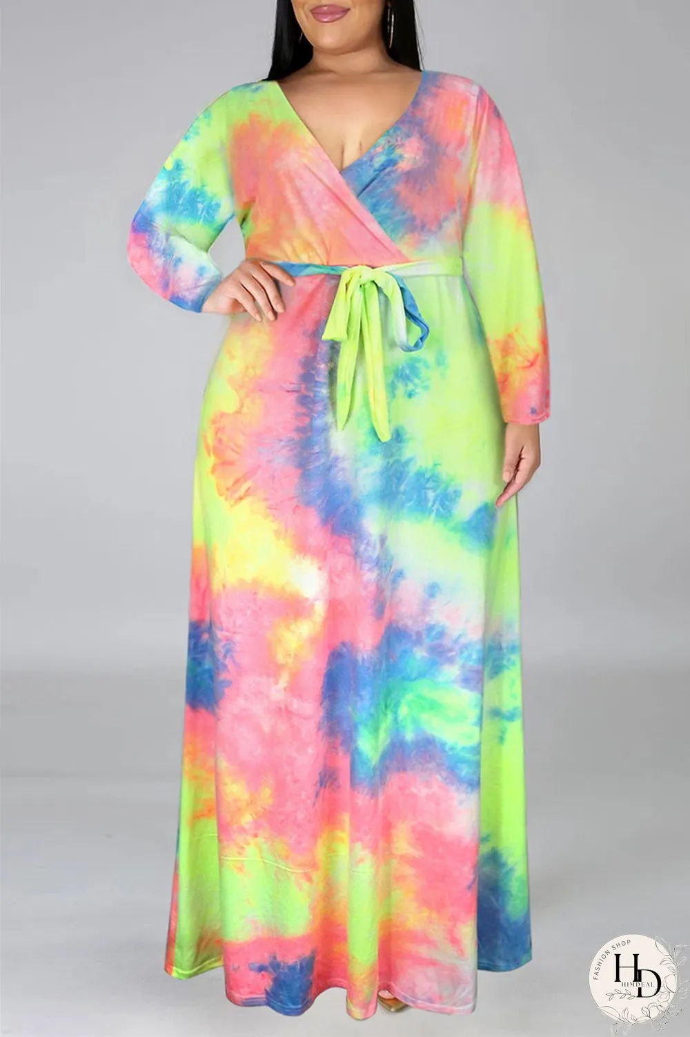 Colour Fashion Casual Print Tie-dye V Neck Long Sleeve Plus Size Dress