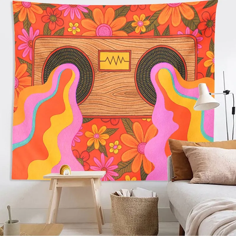 Vintage Rainbow Tapestry Wall Hanging Colorful flowers Retro Trippy Room Decor H Home Living Room Rainbow Boho Wall Art Decor