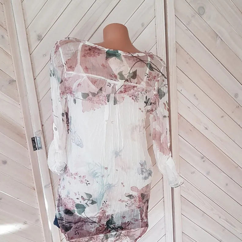 V-neck button long sleeve printed chiffon top