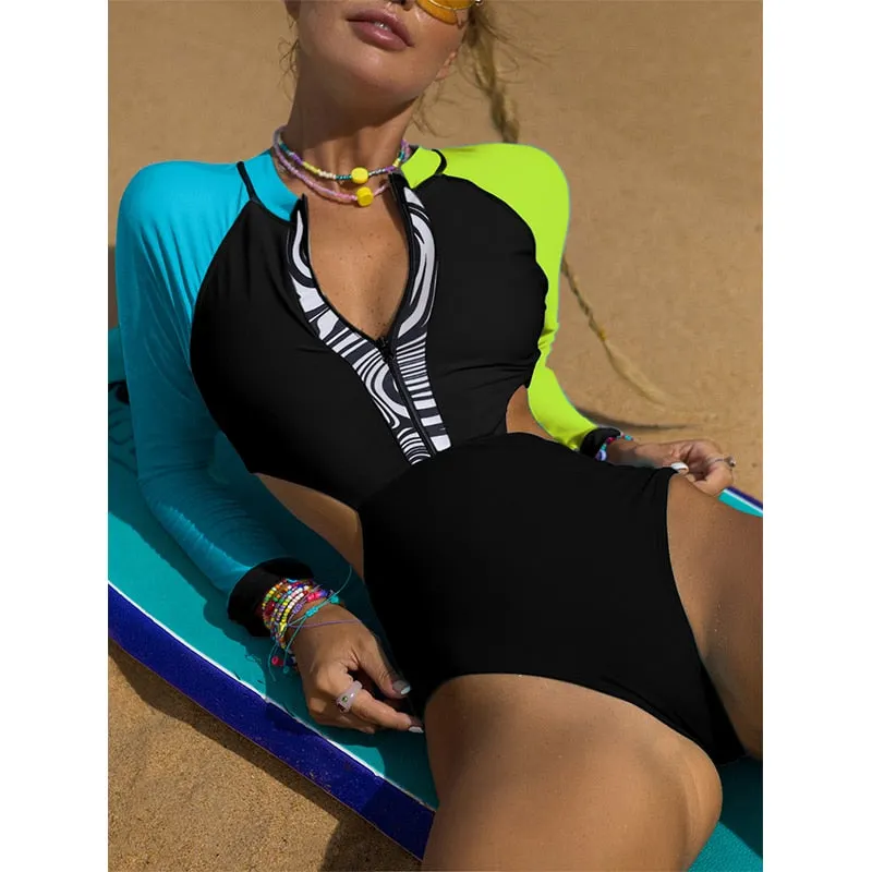Peachtan Patchwork One Piece Swimsuit Women Long Sleeves Swimwear Female O-neck Bathing Suit Sports Monokini Sexy Bodysuit 2022