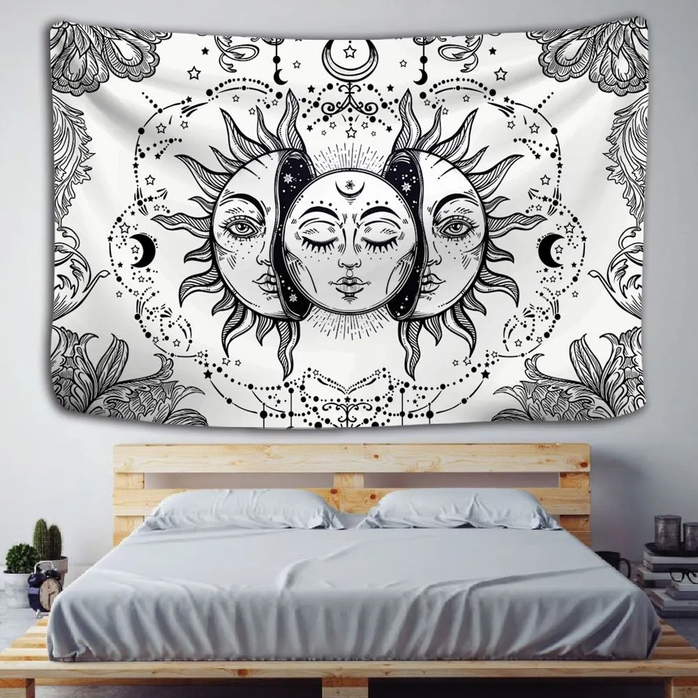 White Black Sun Moon Mandala Tapestry Wall Hanging Celestial Hippie Carpets Dorm Decor Psychedelic Witchcraft Halloween