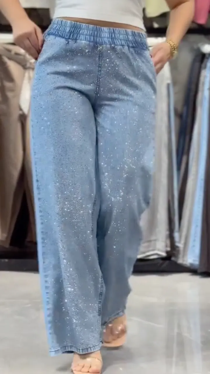  Elastic Waist Full Glitter Sparkle Loose Wide Leg Jeans