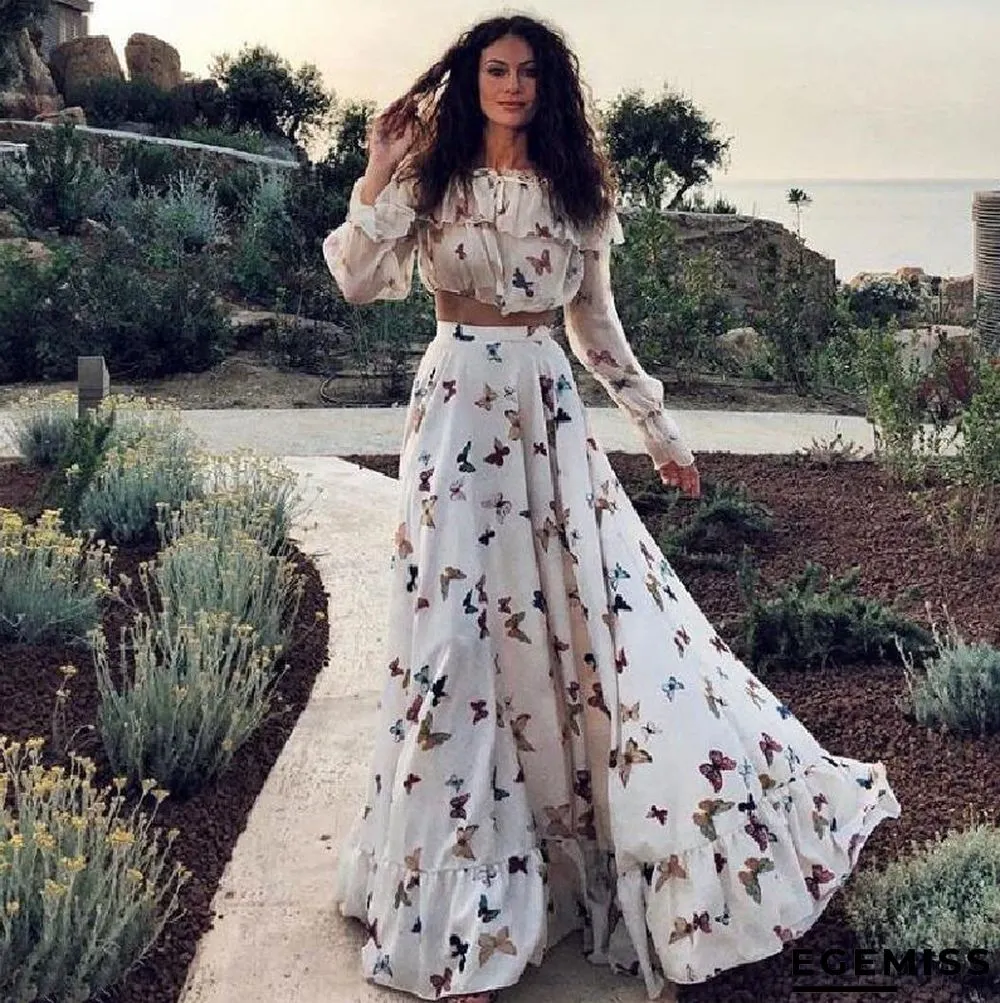 Butterfly Print Two Piece Set Large Skirt Long Skirt Beach Dress White Dresses | EGEMISS