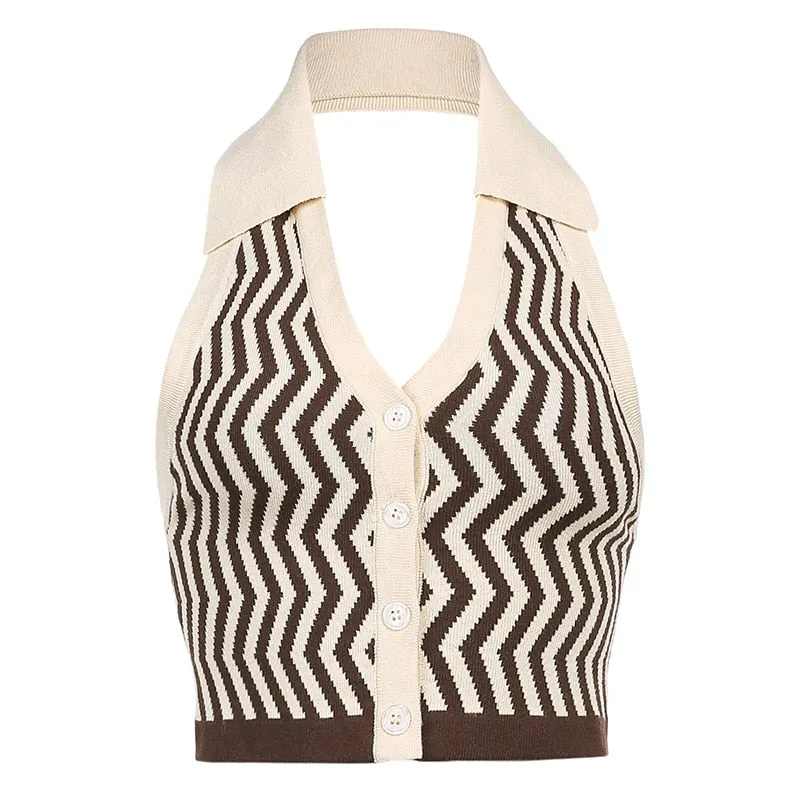 HEYounGIRL Halter Sleeveless Knitted Crop Top Women Sexy Backless Tank Top Autumn Print V Neck Vest Ladies Button Knitwear