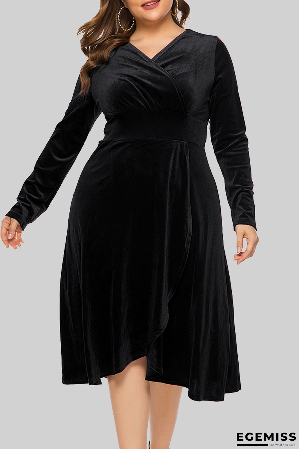 Black Casual Solid Patchwork V Neck Long Sleeve Plus Size Dresses | EGEMISS