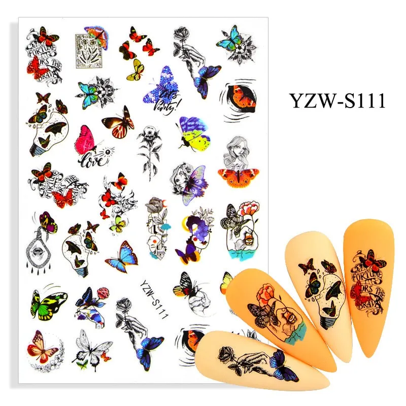 1pc Holographic Blue Nail Stickers Pink Colorful Butterfly Art Sticker With Adhesive DIY Extension Flowers Rose Nail Decoration-Nail Inspo