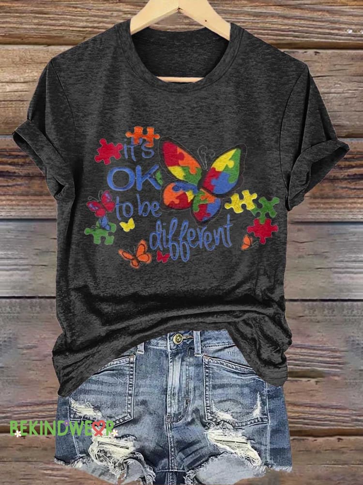 Its OK To Be Different Puzzle Butterfly Autism Awareness T-shirt Black / S