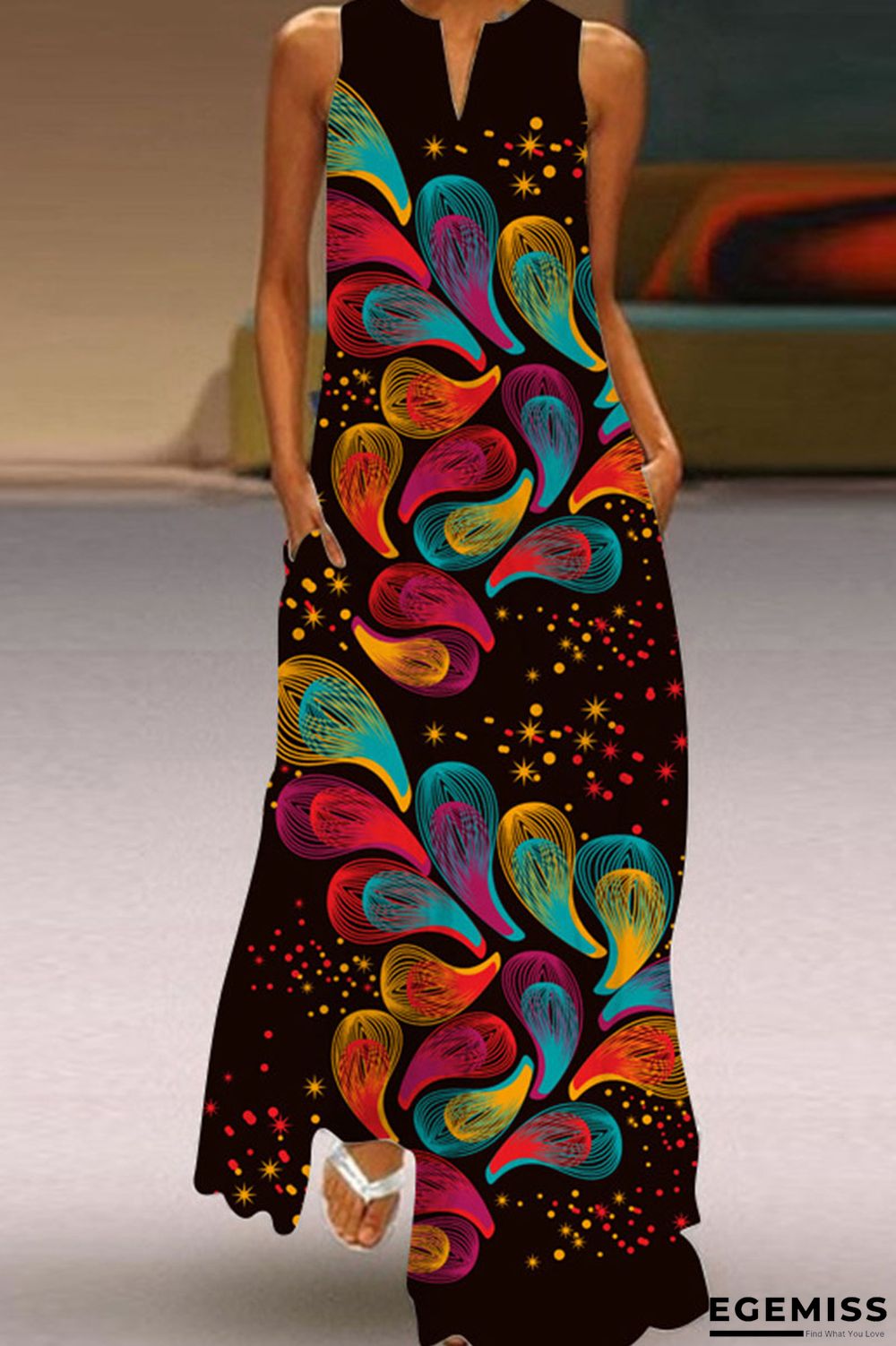 Black Casual Print Patchwork V Neck A Line Dresses | EGEMISS